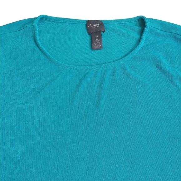 Chico's Travelers Blue Slinky Knit 3/4 Sleeve Tunic Asymmetrical Hem Stretchy - Picture 5 of 10